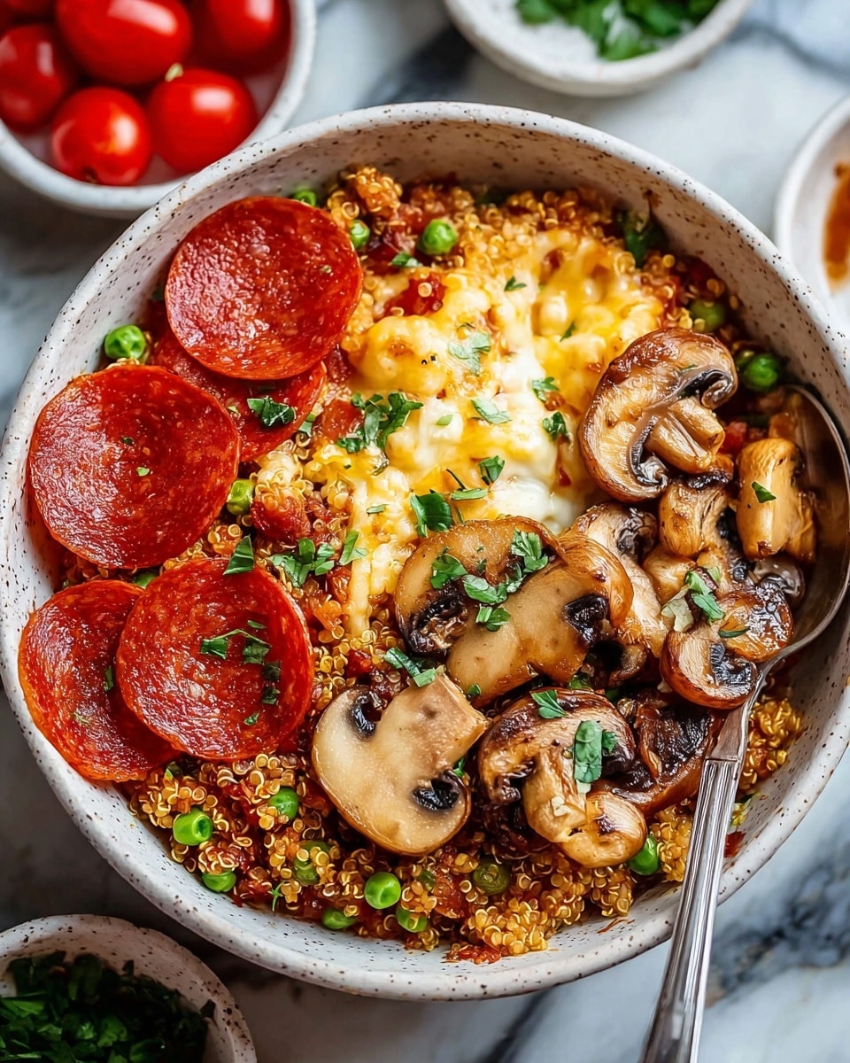 A white speckled bowl filled with a layered dish starting with a base of cooked quinoa mixed with small green peas and diced tomatoes, creating a grainy texture with red and green spots. On top, there is a layer of melted, golden brown cheese blending into the quinoa beneath. Slices of bright red, glossy pepperoni with a slightly crisp edge are arranged on one side, while a cluster of sautéed sliced mushrooms, light brown with darker gills and bits of green herbs, fills the other side. The dish is garnished with small green herb leaves scattered across all layers. A metal spoon rests inside the bowl on the right side. The bowl sits on a white marbled surface with small white bowls containing red cherry tomatoes and green herbs blurred in the background. Photo taken with an iphone --ar 4:5 --v 7