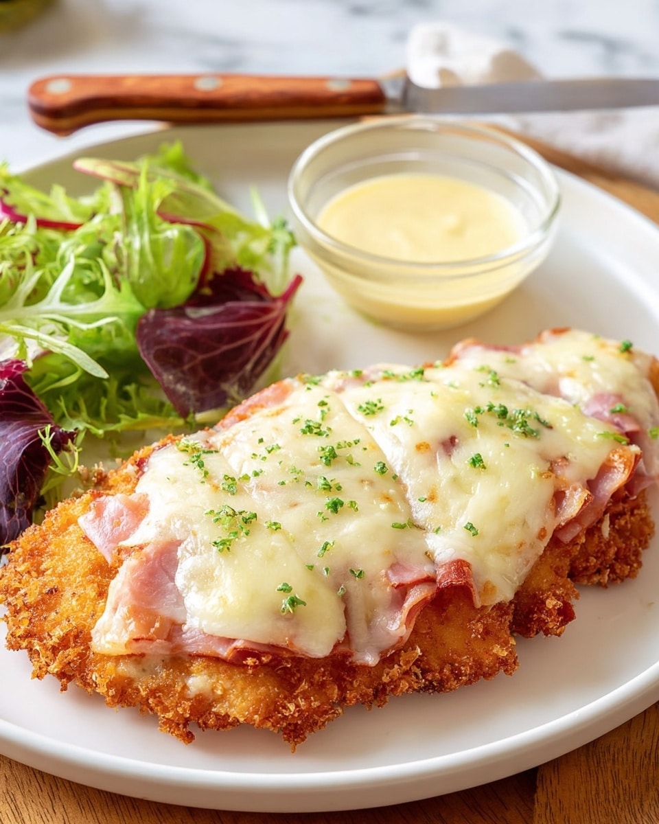 A close-up shows a piece of breaded chicken cutlet held by a fork, lifted high with melted white cheese stretching thickly from the cutlet to the white plate below. The chicken layer beneath the cheese is light golden brown and crispy, with some hints of pink from ham or similar inside. The cheese layer is glossy and soft with a smooth texture covering the top of the cutlet. On the white plate with a brown rim, some golden cheese and sauce remains, and a few green beans are seen in the background on a white marbled surface. Photo taken with an iphone --ar 4:5 --v 7