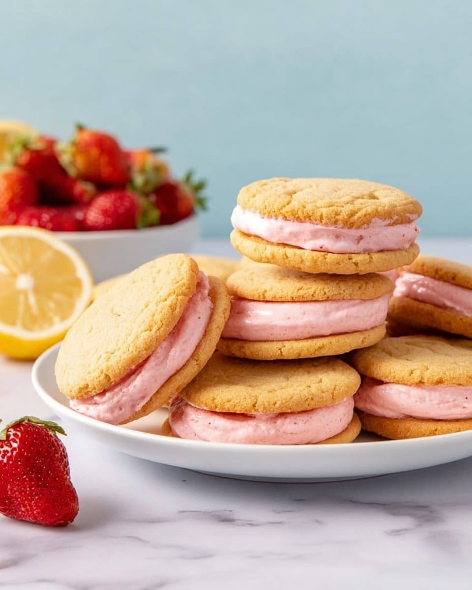 A white plate holds a stack of soft, light golden cookie sandwiches, each made of two round cookies with a thick layer of pink cream in the middle. The cookies have a slightly cracked, textured surface and the pink filling looks smooth and creamy, extending evenly to the edges. In the background, a white bowl filled with red strawberries and a slice of lemon sit against a pale blue backdrop, all placed on a white marbled surface. A single strawberry is placed in the foreground near the plate. photo taken with an iphone --ar 4:5 --v 7