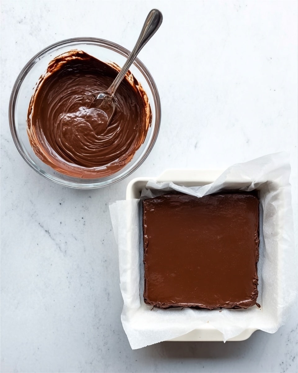 The image shows a stack of three square dessert bars with three distinct layers. The bottom layer is a dark, crumbly chocolate crust that looks dense and firm. The middle layer is a thick, creamy peanut butter filling with a smooth texture, pale orange-brown in color. The top layer is a glossy, dark chocolate ganache that is thin and shiny, covering the peanut butter filling evenly. The dessert bars are placed on a white marbled surface with a glass of milk blurred softly in the background and a white Oreo cookie beside the stack. Photo taken with an iphone --ar 4:5 --v 7