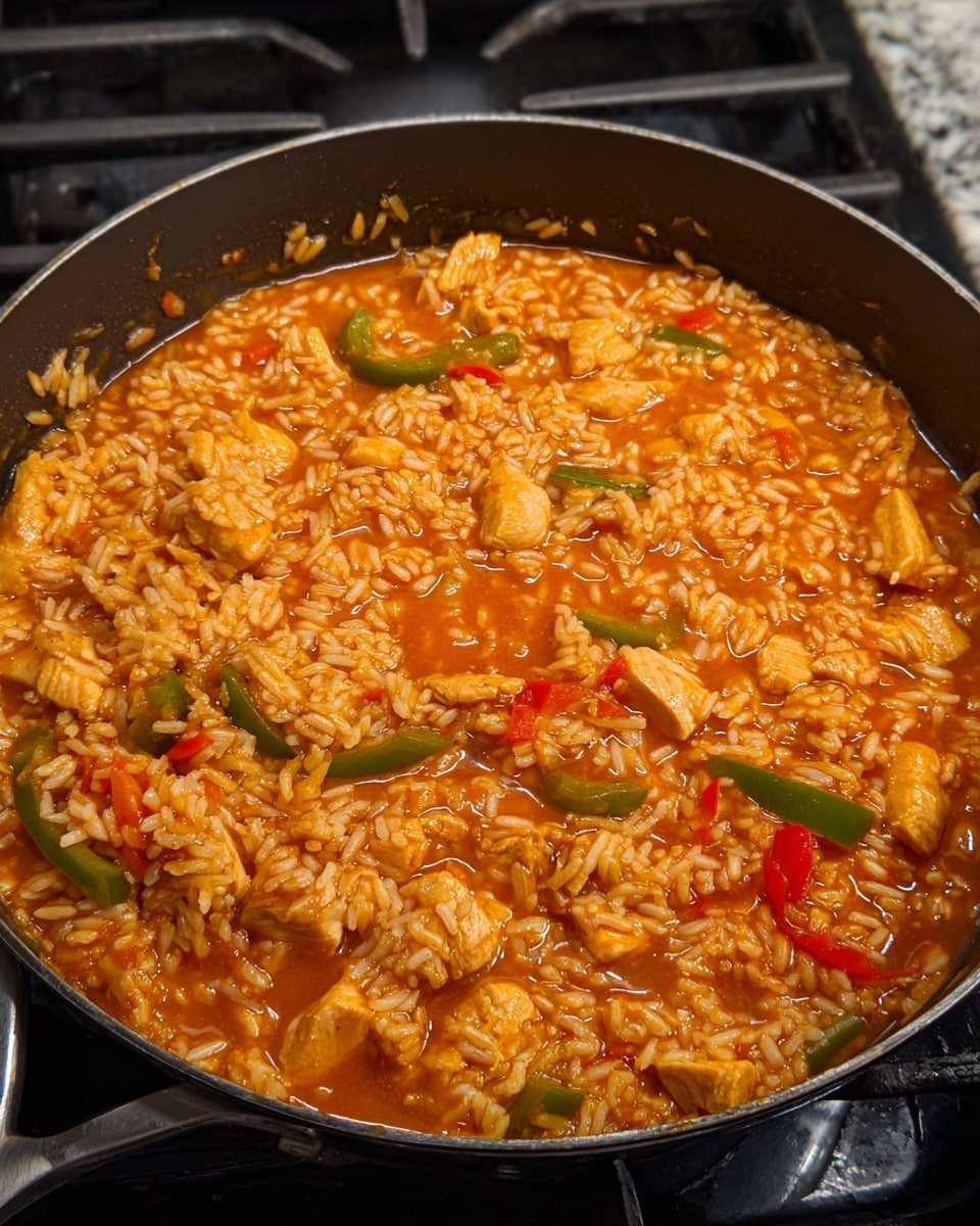 A close-up of a white square plate holding a single-layer serving of reddish-orange rice mixed with chunks of cooked chicken and slices of green and red bell peppers, all covered with a shiny, melted layer of light yellow cheese sauce. The rice and chicken mixture looks soft and moist with some visible sauce. In the background, a black pan with more of the same rice and chicken mix sits on a white marbled kitchen counter near a silver stove. photo taken with an iphone --ar 4:5 --v 7