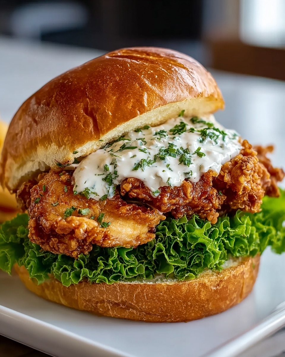 The image shows a sandwich with three layers. The bottom layer is a soft light bun with a smooth texture. On top of the bun is a large piece of crispy fried chicken with a golden-brown crunchy coating. Above the chicken, there is a fresh, curly green lettuce layer, bright and crisp. The sandwich is topped with a shiny, golden-brown bun. The sandwich sits on a piece of crinkled white paper on a black wire rack, all on a white marbled surface. In the blurry background, there are more sandwiches and some green vegetables. Photo taken with an iphone --ar 4:5 --v 7