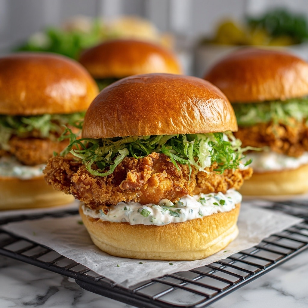 A close-up view of a sandwich with three main layers inside a golden-brown toasted bun. The bottom layer is fresh green lettuce with curly edges that looks crisp. Above the lettuce is a thick piece of crispy fried chicken with a crunchy, golden crust full of texture. On top of the chicken is a creamy white sauce with green herbs sprinkled over it, adding freshness and color contrast. The sandwich is placed on a white plate with a white marbled surface in the background. Photo taken with an iphone --ar 4:5 --v 7