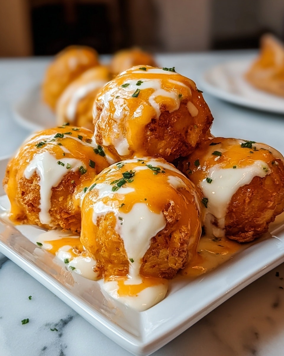 The image shows a close-up of several round, golden-brown balls that look crispy on the outside, placed on a white square plate. Each ball is covered with two layers of sauce: a thick, creamy white sauce and a bright orange sauce, both dripping down the sides. Small green herb pieces are sprinkled on top of the sauces, adding a touch of color. The plate sits on a white marbled surface, and the background is softly blurred, focusing attention on the food. photo taken with an iphone --ar 4:5 --v 7