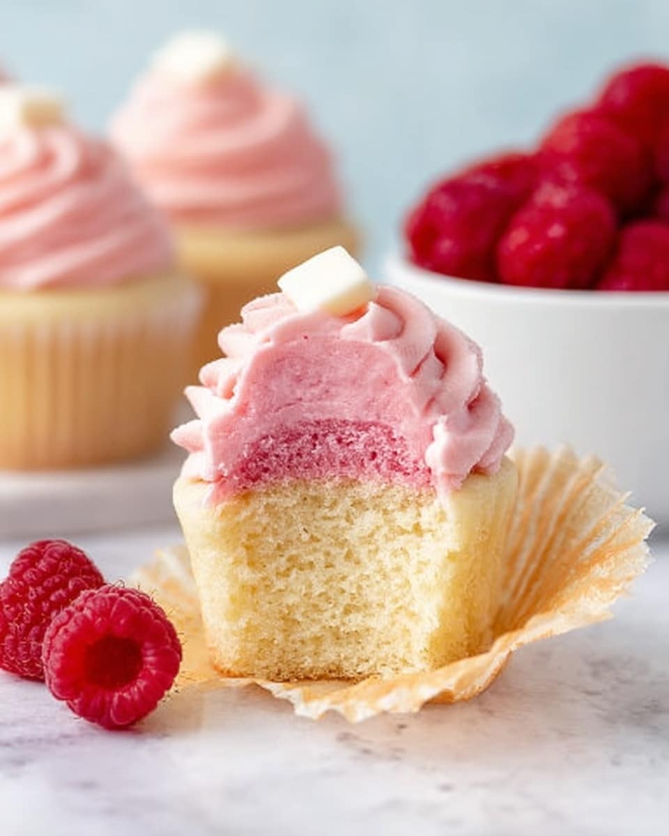The image shows a close-up of a single cupcake sitting on a white marbled surface. The cupcake has one main layer of soft, light yellow cake at the bottom, topped with a thick swirl of creamy, light pink frosting that has small red specks throughout. On top of the frosting sits a small, smooth piece of white chocolate shaped like a wedge. In the background, there is a white bowl filled with fresh red raspberries, and another cupcake with similar pink frosting is lightly blurred. Photo taken with an iphone --ar 4:5 --v 7