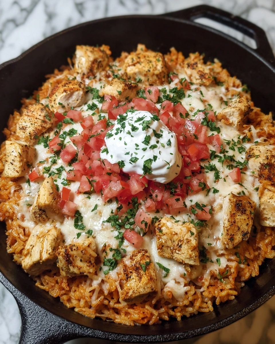 A black skillet filled with a bed of orange-colored cooked rice at the bottom, topped with chunks of grilled chicken seasoned with herbs, scattered melted white cheese strings, and small fresh red tomato pieces sprinkled all over. In the center, there is a dollop of white sour cream crowned with green herb flakes. The dish is placed on a white marbled surface. photo taken with an iphone --ar 4:5 --v 7